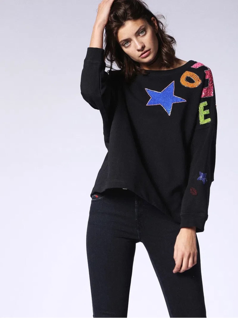 DIESEL F-Gertrude-R Sequin Star & Lettering Button-Back Sweatshirt